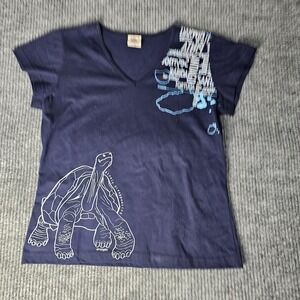 Rasgos Shirt Womens Large Blue V Neck Galapagos Turtle Graphic Top Tee